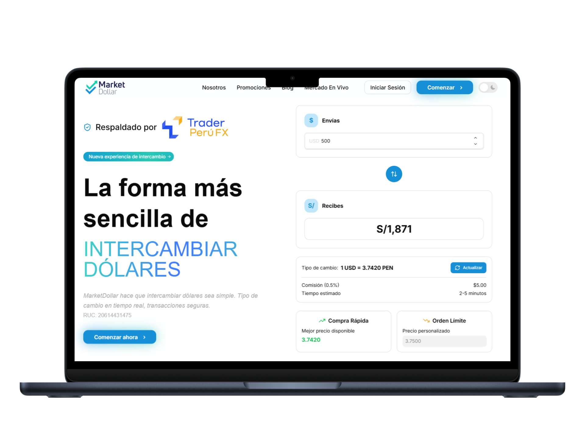 Laptop mostrando la plataforma de Market Dollar